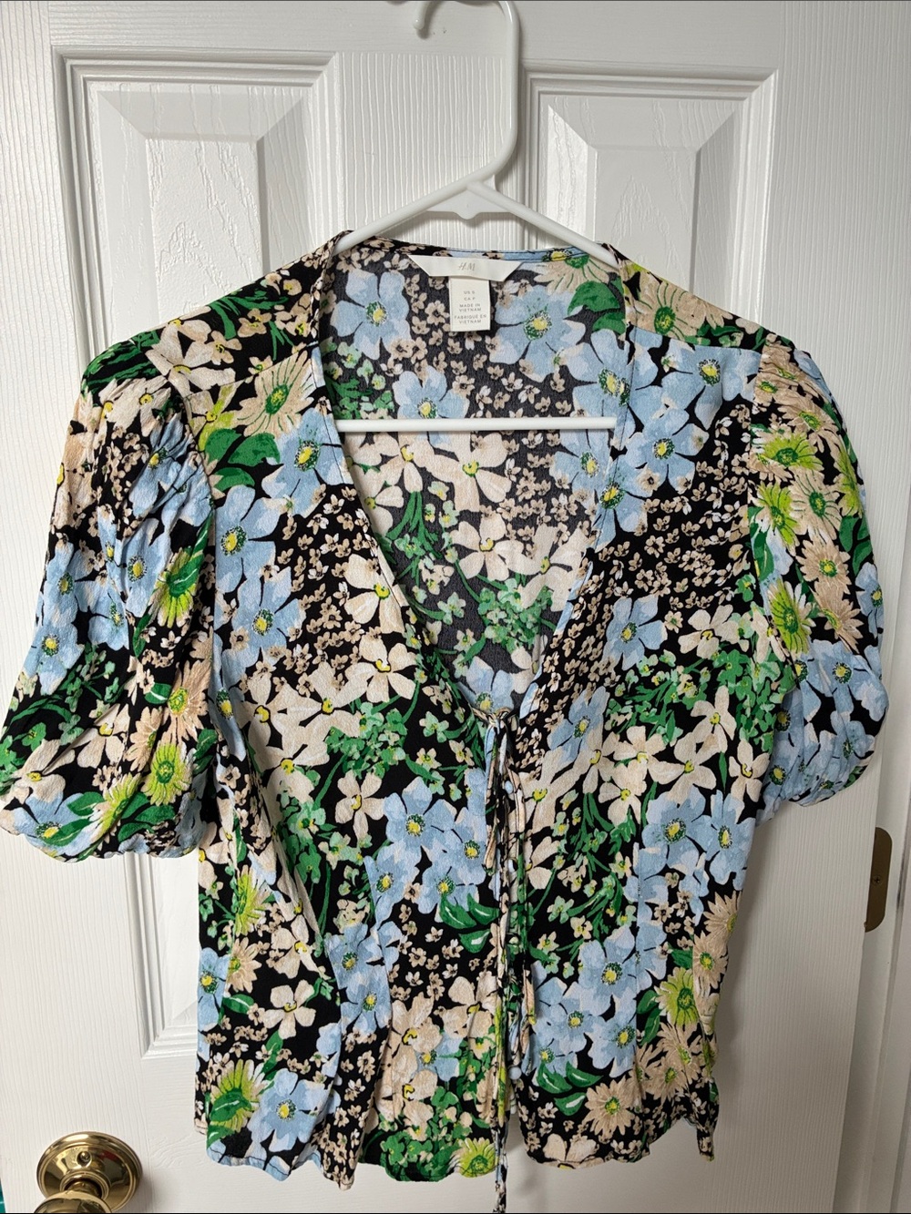 H&M Black Floral Top with Light Blue & Green Accents